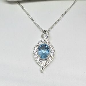 Elegant Blue Topaz, Simulated Diamond Pendant Necklace